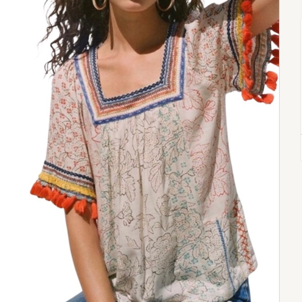 Maeve Paolina Boho Tassel Short Sleeve Top NEW